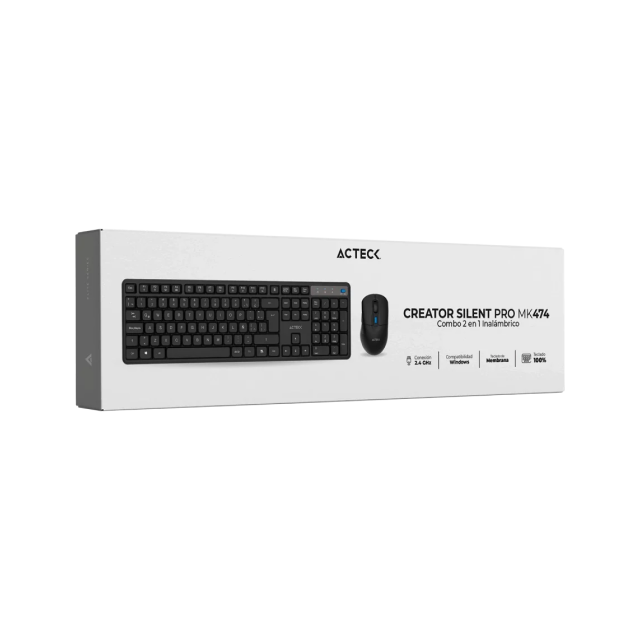 Kit de Teclado y Mouse Inalámbrico Acteck Creator Silent Pro MK474 | Membrana | Completo / 100% | Teclas Silenciosas | Sensor Óptico | 5000 DPI | Windows / Mac / Android | Baterías Incluidas | Español | Negro | AC-943505