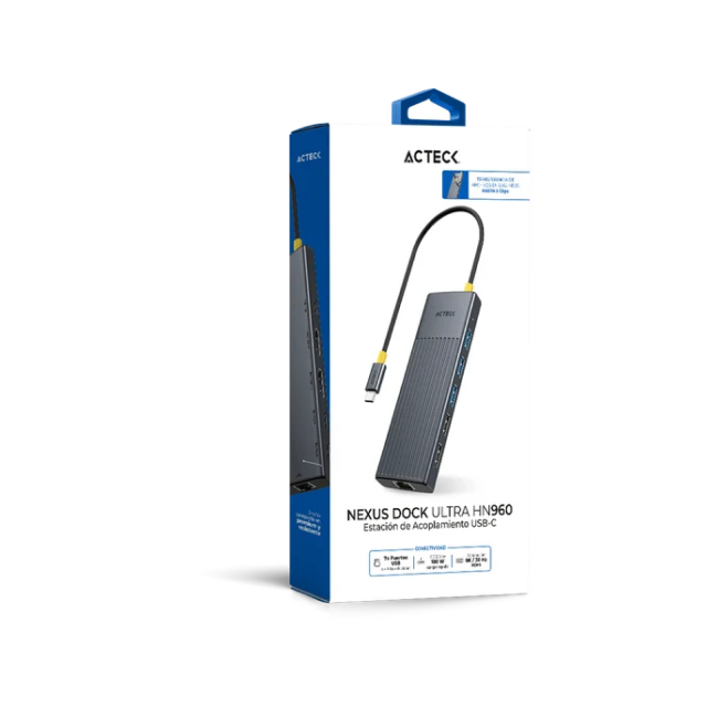 HUB USB Acteck Nexus Dock Ultra HN960 | 11 en 1 | Conexión a PC USB-C | 2x HDMI 2.1 8K 30Hz / 5x USB-A / 2x USB-C / 1x USB-C PD 100W / 1x Ethernet RJ45 | Gris | AC-944649