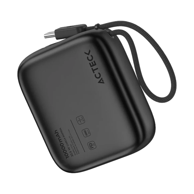 Power Bank Acteck Energon Go Plug Pro PG60 | 10000 mAh | Carga Rápida 22.5W | 1 x USB-C | Cable Integrado | Carga Hasta 2 Dispositivos Simultáneos | Batería Portátil | Negro | AC-945615