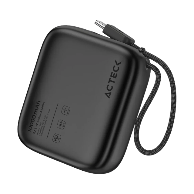 Power Bank Acteck Energon Go Plug Pro PG60 | 10000 mAh | Carga Rápida 22.5W | 1 x USB-C | Cable Integrado | Carga Hasta 2 Dispositivos Simultáneos | Batería Portátil | Negro | AC-945615