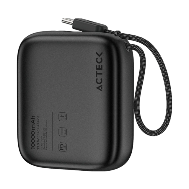 Power Bank Acteck Energon Go Plug Pro PG60 | 10000 mAh | Carga Rápida 22.5W | 1 x USB-C | Cable Integrado | Carga Hasta 2 Dispositivos Simultáneos | Batería Portátil | Negro | AC-945615