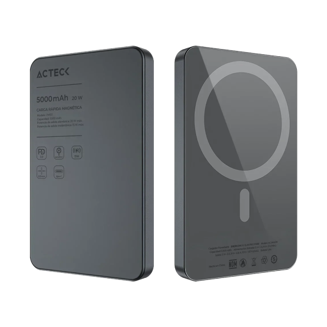 Power Bank Magnético Acteck Energon Go Slim Pro PM50 | 5000 mAh | Carga Rápida Inalámbrica Qi2 15W / Alámbrica 20W | 1 x USB-C | Diseño Compacto y Ligero | Batería Portátil | Negro | AC-945639