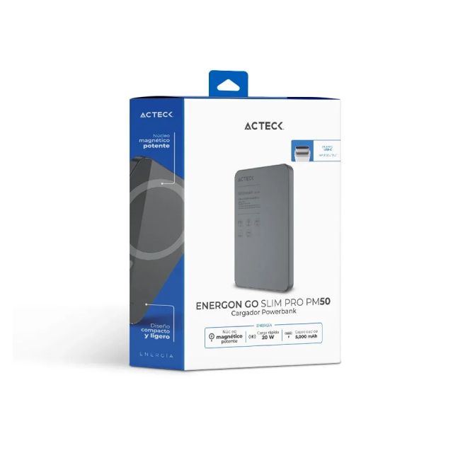Power Bank Magnético Acteck Energon Go Slim Pro PM50 | 5000 mAh | Carga Rápida Inalámbrica Qi2 15W / Alámbrica 20W | 1 x USB-C | Diseño Compacto y Ligero | Batería Portátil | Negro | AC-945639
