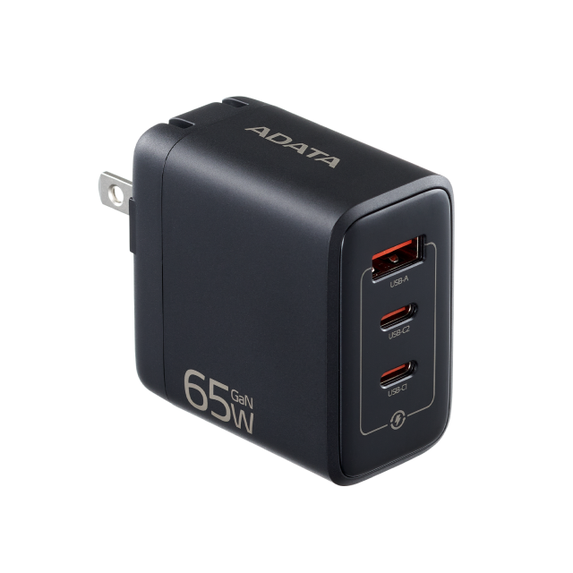 Cargador USB de Pared ADATA GaN de 65 W | Carga rápida | Carga 3 dispositivos de forma simultánea | USB-A / USB-C | Color Negro | CHARGERU-0653-QCPDBK