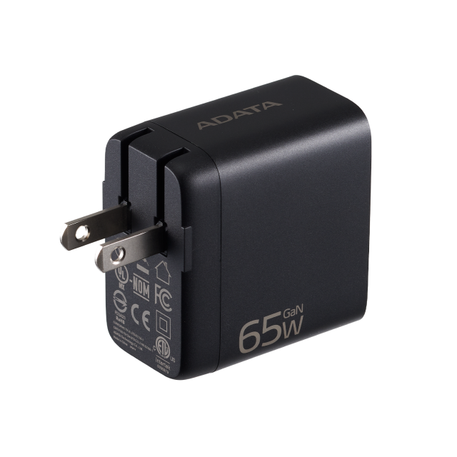 Cargador USB de Pared ADATA GaN de 65 W | Carga rápida | Carga 3 dispositivos de forma simultánea | USB-A / USB-C | Color Negro | CHARGERU-0653-QCPDBK