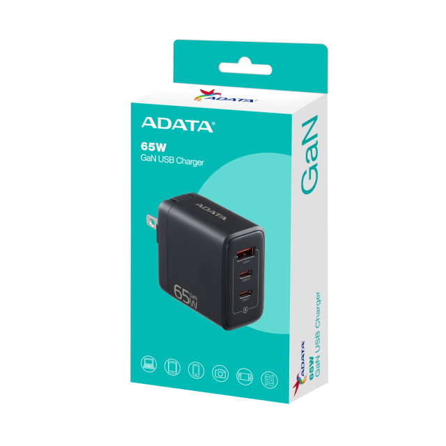 Cargador USB de Pared ADATA GaN de 65 W | Carga rápida | Carga 3 dispositivos de forma simultánea | USB-A / USB-C | Color Negro | CHARGERU-0653-QCPDBK