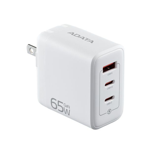 Cargador USB de Pared ADATA GaN de 65 W | Carga rápida | Carga 3 dispositivos de forma simultánea | USB-A / USB-C | Color Blanco | CHARGERU-0653-QCPDWH