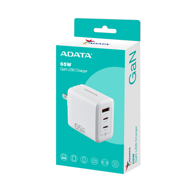 Cargador USB de Pared ADATA GaN de 65 W | Carga rápida | Carga 3 dispositivos de forma simultánea | USB-A / USB-C | Color Blanco | CHARGERU-0653-QCPDWH