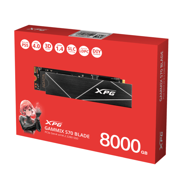 Unidad SSD ADATA XPG GAMMIX S70 BLADE | 8TB | M.2 | PCIe 4 | NVMe 1.4 | 7400MB/s Lectura | 6800MB/s Escritura | Negro | AGAMMIXS70B-8000G-CS