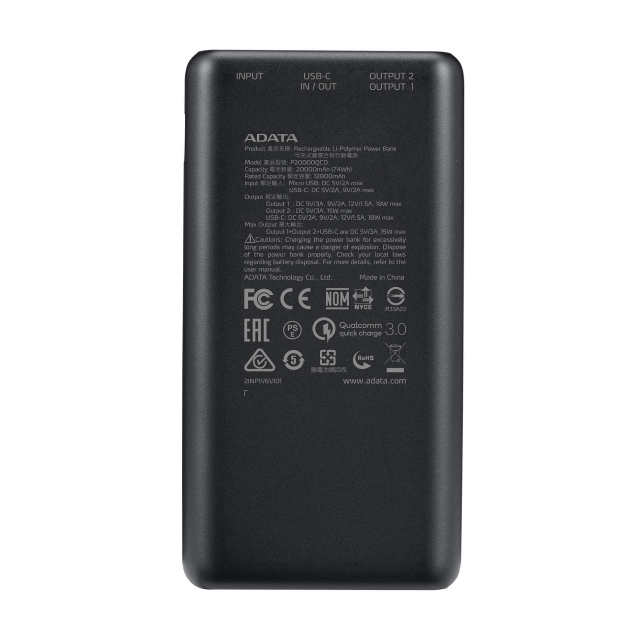 Powerbank ADATA P20000QCD | Carga Rápida | Hasta 3 Dispositivos Simultáneos | USB-A / USB-C | Negro | AP20000QCD-DGT-CBK