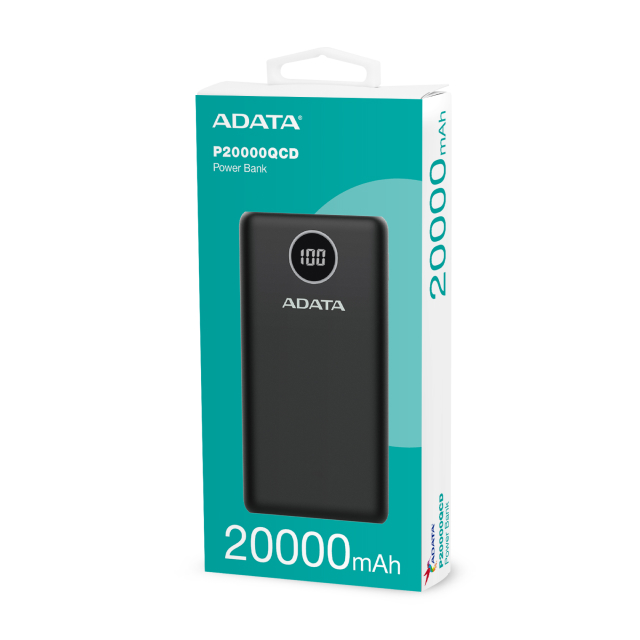 Powerbank ADATA P20000QCD | Carga Rápida | Hasta 3 Dispositivos Simultáneos | USB-A / USB-C | Negro | AP20000QCD-DGT-CBK