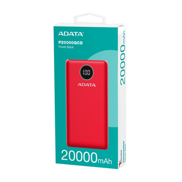 Powerbank ADATA P20000QCD | Carga Rápida | Hasta 3 Dispositivos Simultáneos | USB-A / USB-C | Rojo | AP20000QCD-DGT-CRD