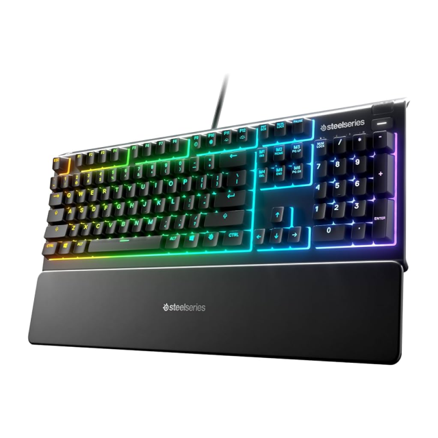 Teclado alámbrico SteelSeries Apex 3 | RGB | Switch silencioso | IP32 | Inglés | Reposa muñecas | KB-00014