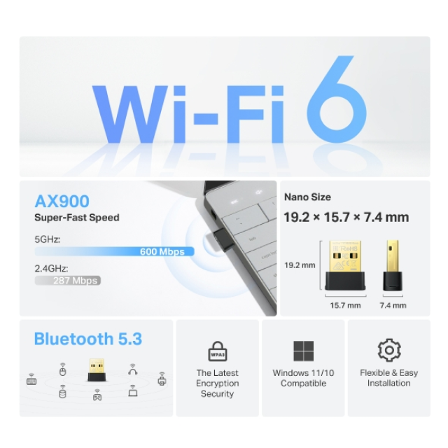 Adaptador Wi-Fi y Bluetooth TP-Link Archer T2UB Nano | Doble Banda 2.4 / 5 GHz | Wi-Fi 6 | Bluetooth 5.3 | Archer TX10UB Nano