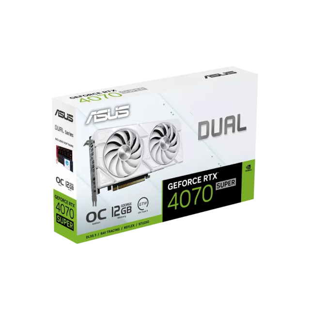 Tarjeta de Video ASUS Dual RTX 4060 Super Evo White OC | 12GB | GDDR6X |  PCI Express 4.0 |  192-bit | HDMI x 1 / DisplayPort x 3 | DUAL-RTX4070S-O12G-EVO-WHITE