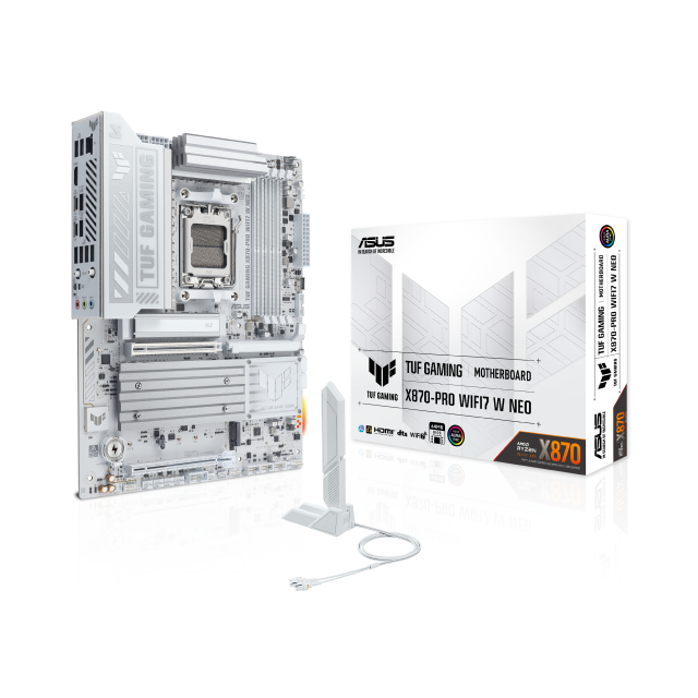 Tarjeta Madre ASUS TUF GAMING X870-PRO WIFI7 W NEO | ATX | Socket AM5 | Chipset AMD X870 | DDR5 (Hasta 256GB) | HDMI / USB-C | Wi-Fi 7 | Bluetooth 5.4 | Blanco | TUF GAMING X870-PRO WIFI7 W NEO