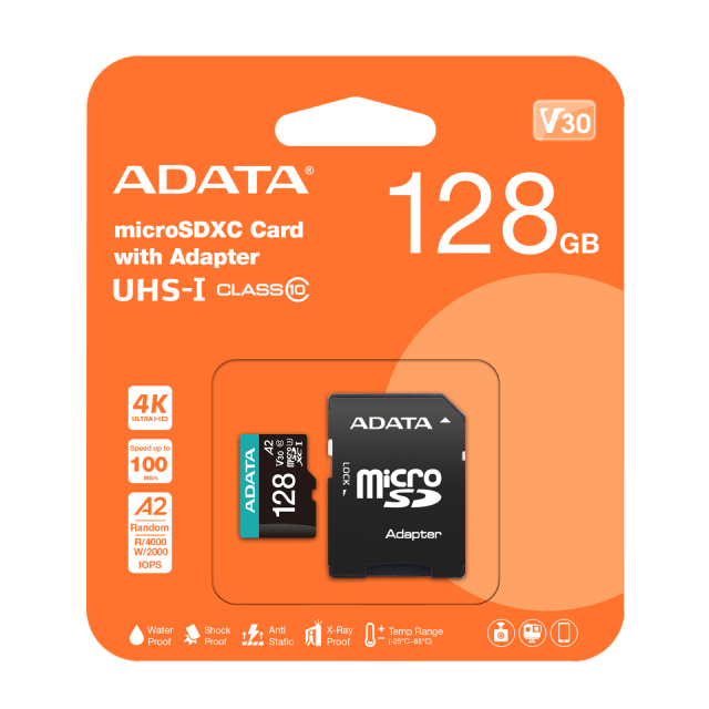 Memoria microSDXC/SDHC ADATA Premier Pro | 128GB | UHS-I Clase 10 | Clase V30 | A2 | 100MB/s Lectura | 85MB/s Escritura | Incluye Adaptador | AUSDX128GUI3V30SA2-RA1
