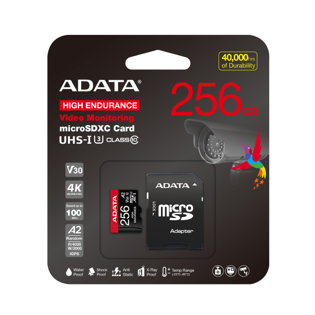 Memoria microSDXC ADATA High Endurance | 256GB | UHS-I U3 Clase 10 | Clase V30 | A2 | 100MB/s Lectura | 85MB/s Escritura | AUSDX256GUI3V30SHA2-RA1