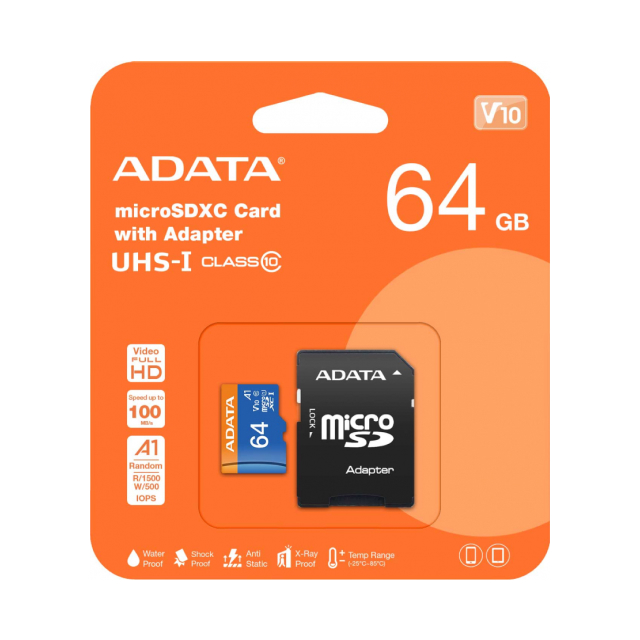 Memoria microSDXC/SDHC ADATA Premier | 64GB | UHS-I Clase 10 | Clase V10 | A1 | 100MB/s Lectura | 25MB/s Escritura | Incluye Adaptador | AUSDX64GUICL10A1-RA1