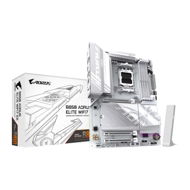 Tarjeta Madre GIGABYTE B850 AORUS ELITE WIFI7 ICE (Rev. 1.x) | ATX | Socket AM5 | Chipset AMD B850 | 4 x DDR5 (Hasta 256GB) | 1 x HDMI / 1 x DisplayPort | Wi-Fi 7 | Bluetooth 5.4 | Blanco | B850 A ELITE WF7 ICE