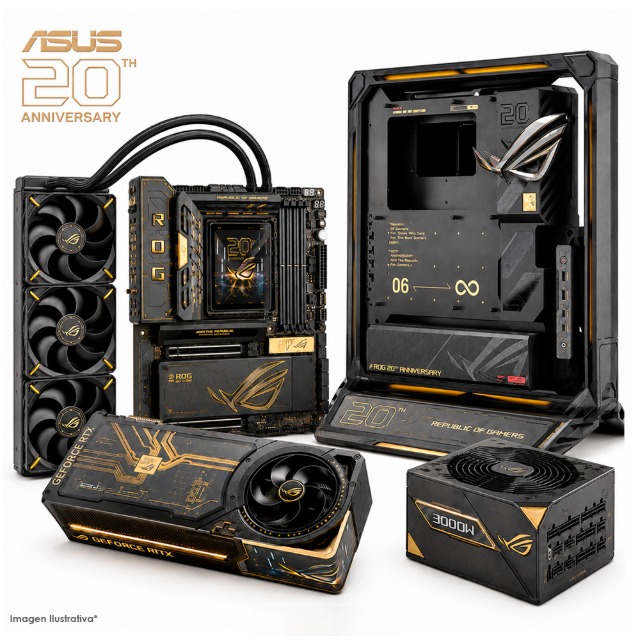 Bundle PC Gaming ASUS ROG 20th Anniversary | Tarjeta Madre ROG Crosshair X870E Edition 20 | Enfriamiento Líquido AIO ROG | GeForce RTX 5090 Astral 20th Anniversary | Gabinete ROG GR20 Edition 20 | Fuente de Poder ROG Thor 3000W Titanium III 