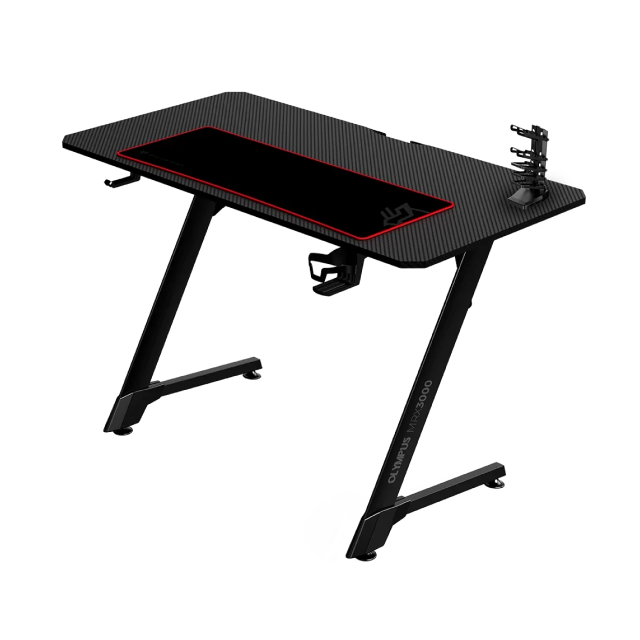 Escritorio Gamer Balam Rush Olympus MRX3000 | 100 x 60 cm | Estructura en Z | Superficie Fibra de Carbono | Mousepad Integrado, Portavasos, Soporte para Gamepad y Audífonos | Negro | BR-931533