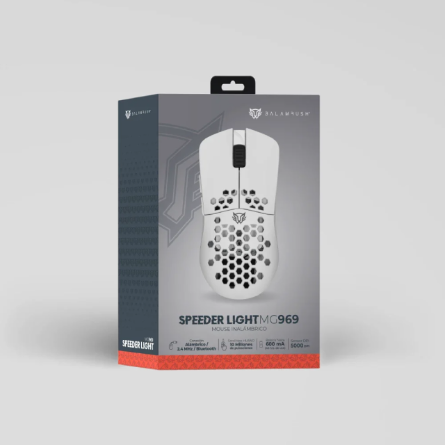 Mouse Gamer Inalámbrico Balam Rush Speeder Light MG969 | Hasta 40 Horas de Batería | 800 a 5000 DPI | Sensor Óptico PixArt 3325 | 7 Botones | Conexión 2.4GHz / Bluetooth / USB-A | RGB | Blanco | BR-936873