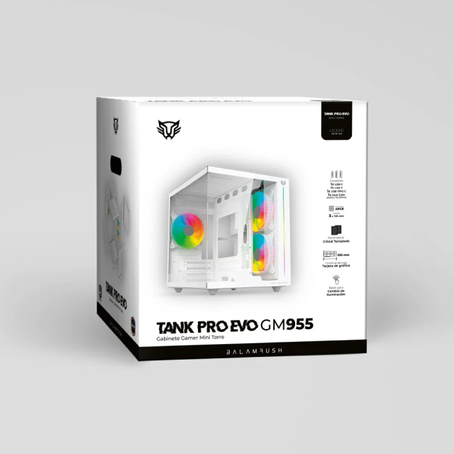 Gabinete Balam Rush Tank Pro Evo GM955 | Mini Tower | Micro-ATX / ITX | 3 Ventiladores | Cristal Templado | Blanco | BR-937337
