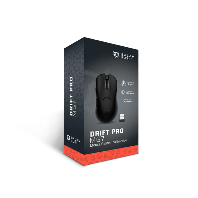 Mouse Gamer Inalámbrico Balam Rush Drift Pro MG7 | Hasta 50 Horas de Batería | Hasta 26,000 DPI | Sensor Óptico PAW3395 | 70 g | 5 Botones | 2.4GHz / Bluetooth 5.3 / USB-C | RGB | Negro | BR-938525