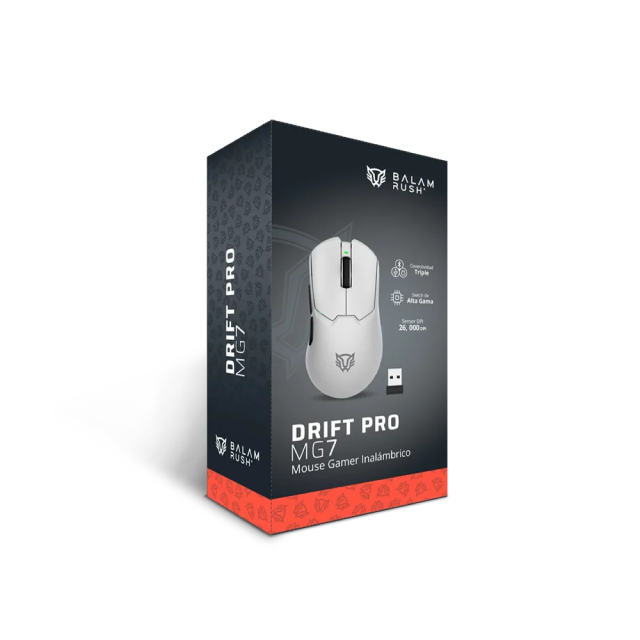 Mouse Gamer Inalámbrico Balam Rush Drift Pro MG7 | Hasta 50 Horas de Batería | Hasta 26,000 DPI | Sensor Óptico PAW3395 | 70 g | 5 Botones | 2.4GHz / Bluetooth 5.3 / USB-C | RGB | Blanco | BR-938532