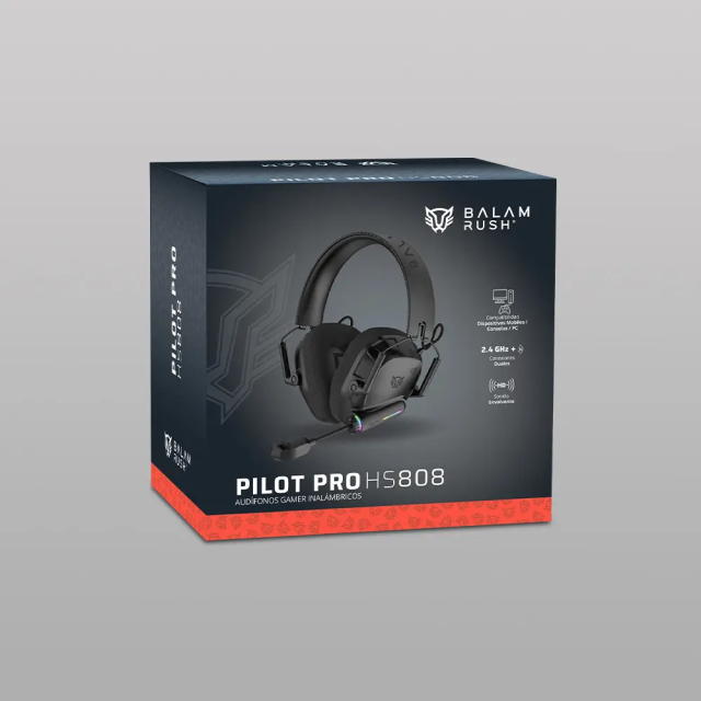 Diadema Gamer Inalámbrica Balam Rush Pilot Pro HS808 | Micrófono Fijo | Diseño Over Ear | Hasta 60 Horas de Batería | 2.4 GHz / Bluetooth 5.3 | PC / Móvil / Consolas | RGB | Negro | BR-938587