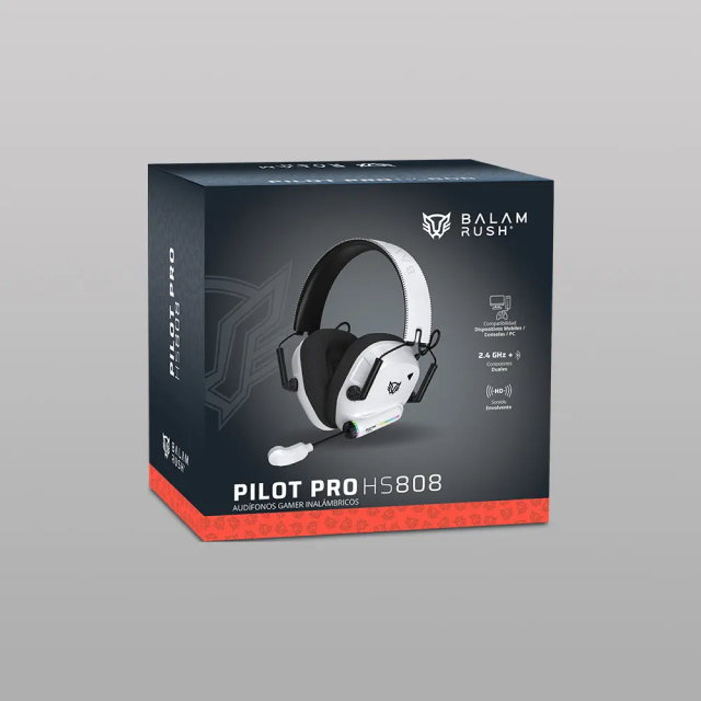 Diadema Gamer Inalámbrica Balam Rush Pilot Pro HS808 | Micrófono Fijo | Diseño Over Ear | Hasta 60 Horas de Batería | 2.4 GHz / Bluetooth 5.3 | PC / Móvil / Consolas | RGB | Blanco | BR-938594
