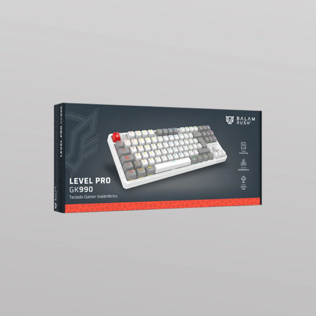 Teclado Gamer Mecánico Inalámbrico Balam Rush Level Pro GK990 | 80% | Switch Red | Teclas Multimedia | 2.4 GHz / Bluetooth 5.0 / Cable | Español | RGB | Blanco / Gris | BR-940375