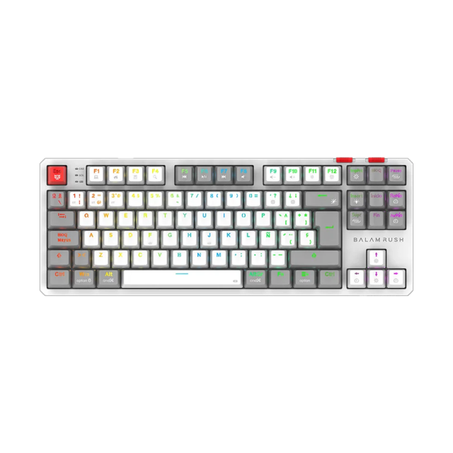 Teclado Gamer Mecánico Inalámbrico Balam Rush Level Pro GK990 | 80% | Switch Red | Teclas Multimedia | 2.4 GHz / Bluetooth 5.0 / Cable | Español | RGB | Blanco / Gris | BR-940375