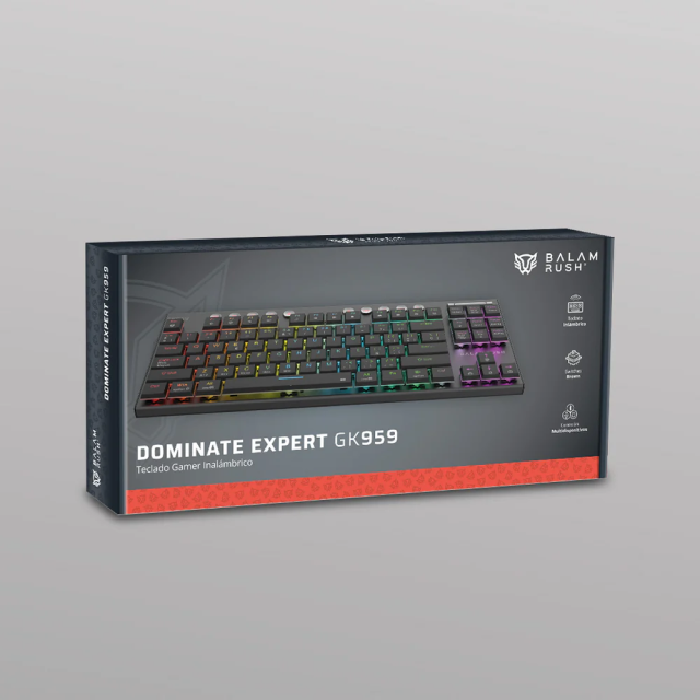 Teclado Gamer Mecánico Inalámbrico Balam Rush Dominate Expert GK959 | 80% | Switch Brown | Teclas Multimedia | 2.4 GHz / Bluetooth 5.0 / Cable | Español | RGB | Negro | BR-940405