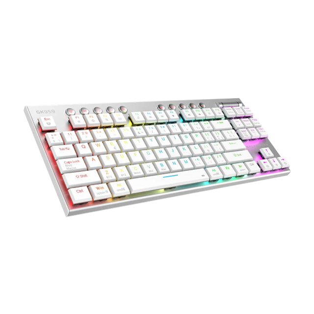 Teclado Gamer Mecánico Inalámbrico Balam Rush Dominate Expert GK959 | 80% | Switch Brown | Teclas Multimedia | 2.4 GHz / Bluetooth 5.0 / Cable | Español | RGB | Blanco | BR-940412