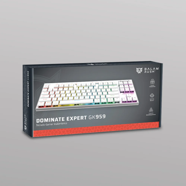 Teclado Gamer Mecánico Inalámbrico Balam Rush Dominate Expert GK959 | 80% | Switch Brown | Teclas Multimedia | 2.4 GHz / Bluetooth 5.0 / Cable | Español | RGB | Blanco | BR-940412