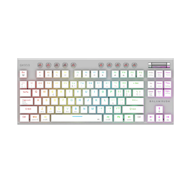 Teclado Gamer Mecánico Inalámbrico Balam Rush Dominate Expert GK959 | 80% | Switch Brown | Teclas Multimedia | 2.4 GHz / Bluetooth 5.0 / Cable | Español | RGB | Blanco | BR-940412