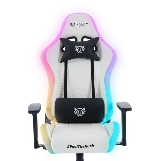 Silla Gamer Balam Rush Lightning Rush V2 | Hasta 150 kg | Piel Sintética | Cojín Lumbar y Cervical | Reposabrazos 3D | Estrella de Nylon | Inclinación hasta 135 Grados | RGB | Blanco | BR-940573