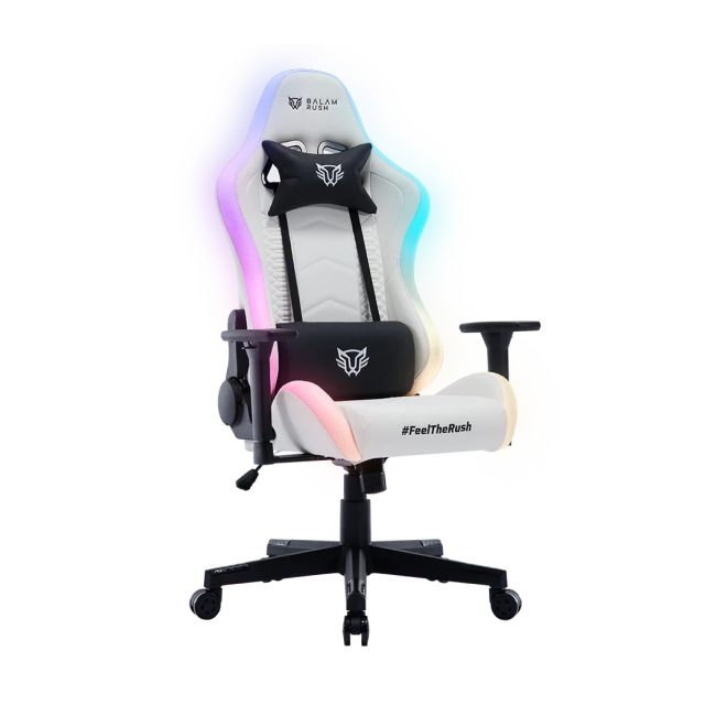 Silla Gamer Balam Rush Lightning Rush V2 | Hasta 150 kg | Piel Sintética | Cojín Lumbar y Cervical | Reposabrazos 3D | Estrella de Nylon | Inclinación hasta 135 Grados | RGB | Blanco | BR-940573