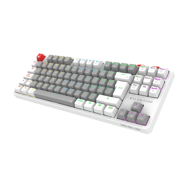 Teclado Gamer Mecánico Inalámbrico Balam Rush Level Pro GK990 | 80% | Switch Red | Teclas Multimedia | 2.4 GHz / Bluetooth 5.0 / Cable | Español | RGB | Gris / Blanco | BR-940689