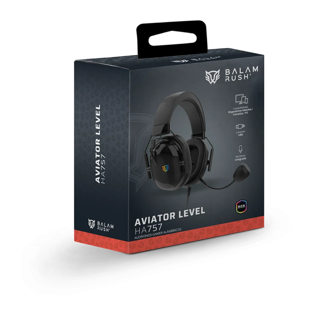 Diadema Alámbrica Balam Rush Aviator Level HA757 | Micrófono Omnidireccional | Sonido Estéreo | Jack 3.5 mm / USB-A | PC / Dispositivos Móviles / Consolas | RGB | Negro | BR-941167