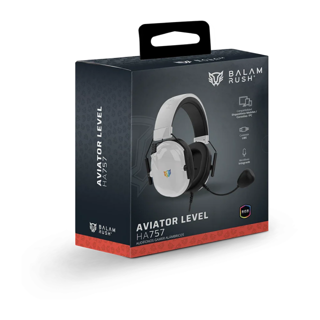 Diadema Alámbrica Balam Rush Aviator Level HA757 | Micrófono Omnidireccional | Sonido Estéreo | Jack 3.5 mm / USB-A | PC / Dispositivos Móviles / Consolas | RGB | Blanco | BR-941174