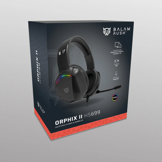 Diadema Alámbrica Balam Rush Orphix II HS699 | Micrófono Omnidireccional | Jack 3.5 mm | PC / Dispositivos Móviles / Consolas | RGB | Negro | BR-941181
