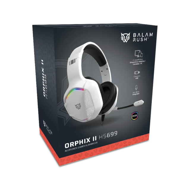 Diadema Alámbrica Balam Rush Orphix II HS699 | Micrófono Omnidireccional | Jack 3.5 mm | PC / Dispositivos Móviles / Consolas | RGB | Blanco | BR-941198