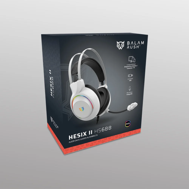 Audífonos Gamer Alámbricos Balam Rush Hesix II HS688 | Micrófono Fijo | Drivers 50mm | 3.5mm / USB Iluminación | PC / Dispositivos Móviles / Consolas | RGB | Blanco | BR-941211
