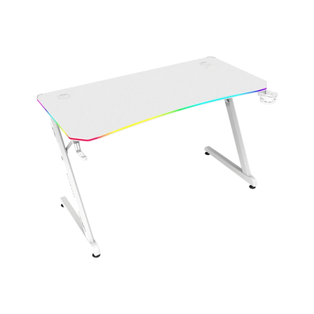 Escritorio Gamer Balam Rush Olympus Spot Glow Pro MRX8000 | 120 x 60 cm | Hasta 100 kg | Estructura en Z | Superficie Fibra de Carbono | Portavasos y Gancho para Audífonos | RGB | Blanco | BR-941389