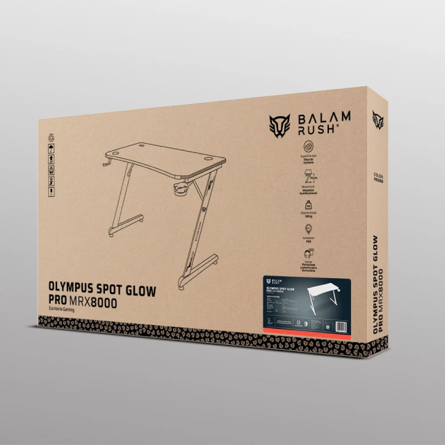 Escritorio Gamer Balam Rush Olympus Spot Glow Pro MRX8000 | 120 x 60 cm | Hasta 100 kg | Estructura en Z | Superficie Fibra de Carbono | Portavasos y Gancho para Audífonos | RGB | Blanco | BR-941389
