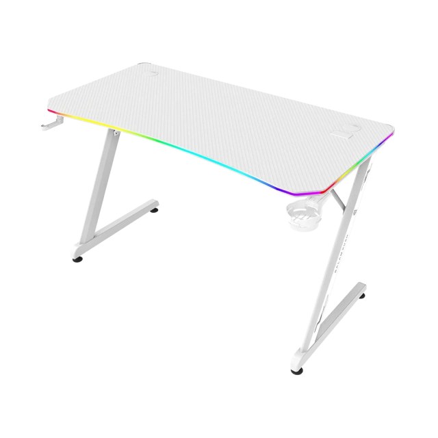 Escritorio Gamer Balam Rush Olympus Spot Glow Pro MRX8000 | 120 x 60 cm | Hasta 100 kg | Estructura en Z | Superficie Fibra de Carbono | Portavasos y Gancho para Audífonos | RGB | Blanco | BR-941389