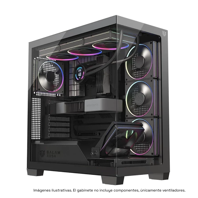 Gabinete Balam Rush Tank Polar 7900 | Media Torre | ATX / Micro ATX / Mini ITX | 2 x USB-A / 1 x USB-C | Incluye 5 Ventiladores ARGB | Cristal Templado Panorámico | Negro | BR-941471